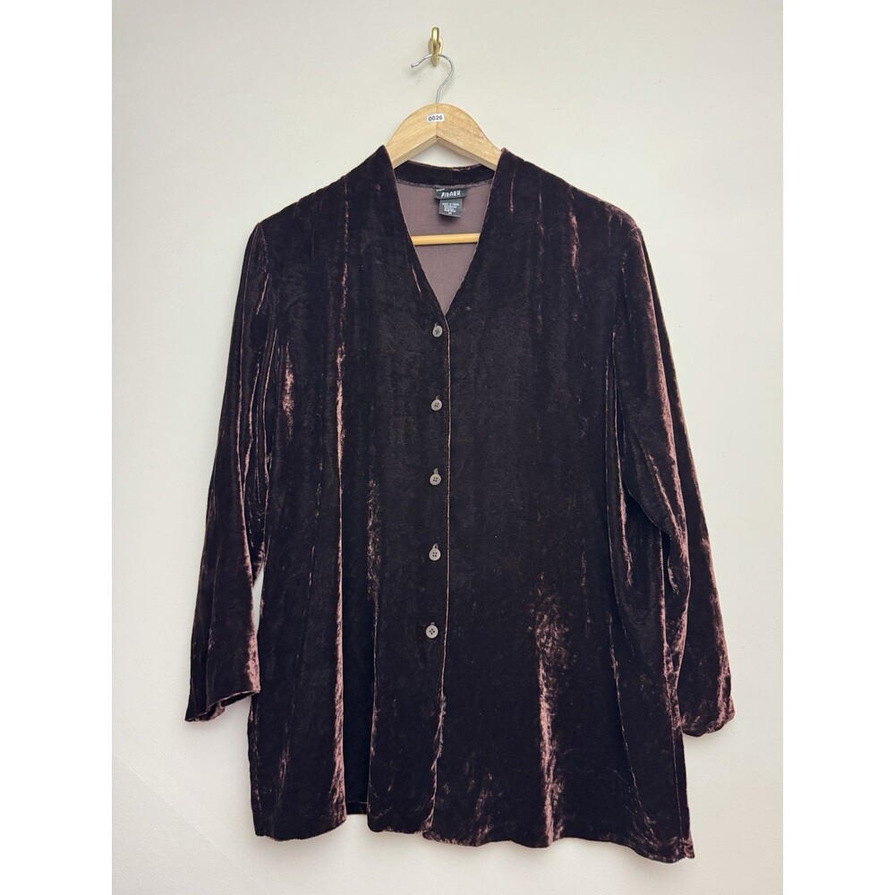 Vintage Eileen Fisher Womens Brown Velvet Collar Long Sleeve Shirt Size Medium